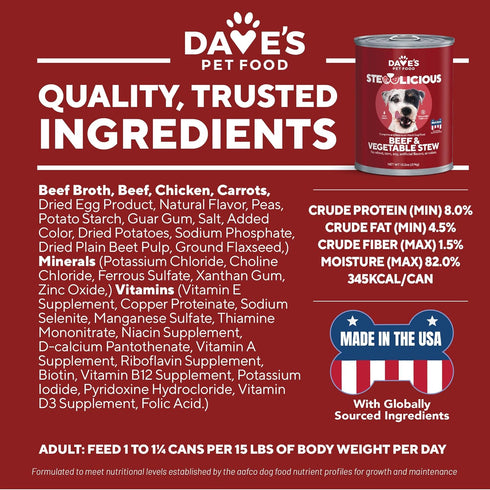 13.2 oz (12 Pack) Dave's Pet Food Stewlicious Grain Free Wet Dog Food (Beef & Vegetable in Gravy), Made in USA