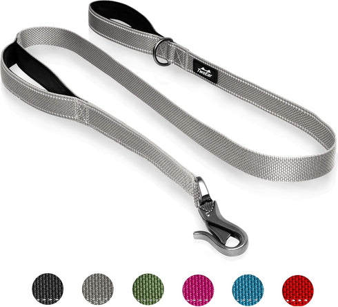 TwoEar 5FT 1IN Strong Gray Dog Leash - 2 Padded Handles, Traffic Handle for Extra Control, Reflective Walking Lead