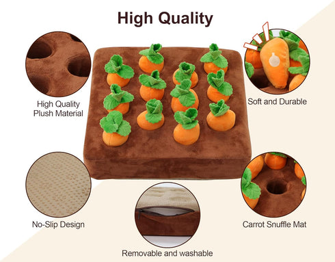 Interactive Squeak Carrot Snuffle Mat for Dogs - Plush Puzzle Toys 2 in 1 for Pet Stress Relief with 12 Carrots