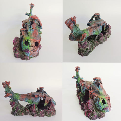 Fish Tank Decoration - Helicopter Ruins Landscaping, Fish Shrimp Shelter, Resin Stone Tank Decoration for Turtle Tanks