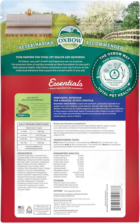 Oxbow Essentials Adult Rabbit Food - All Natural Adult Rabbit Pellets - Veterinarian Recommended- No Artificial Ingredients- All Natural Vitamins & Minerals- Made in the USA- 5 lb.