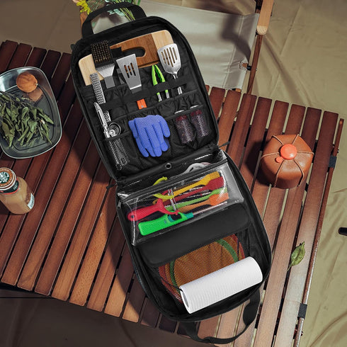 Hanging Camp Utensil Organizer with Towel Paper Holder, Portable Camping Kitchen Cookware Bag for Outdoor Cooking