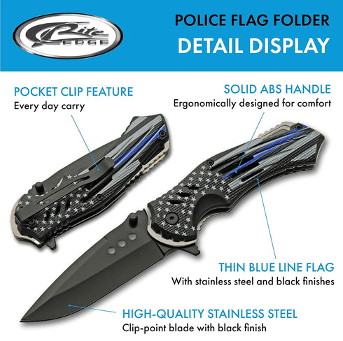 SZCO Supplies 8'' Police Flag Assisted Open Liner Lock EDC Folding Knife, Black/Blue (300552-PO)