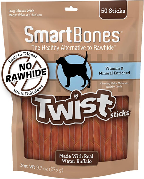 Smartbones Twist Sticks with Water Buffalo - 50 Count Rawhide-Free Chews for Dogs