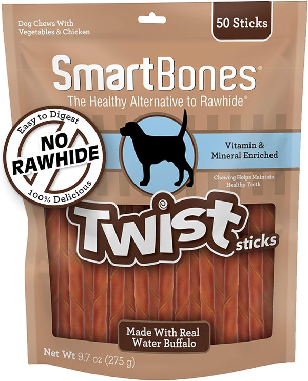 Smartbones Twist Sticks with Water Buffalo - 50 Count Rawhide-Free Chews for Dogs