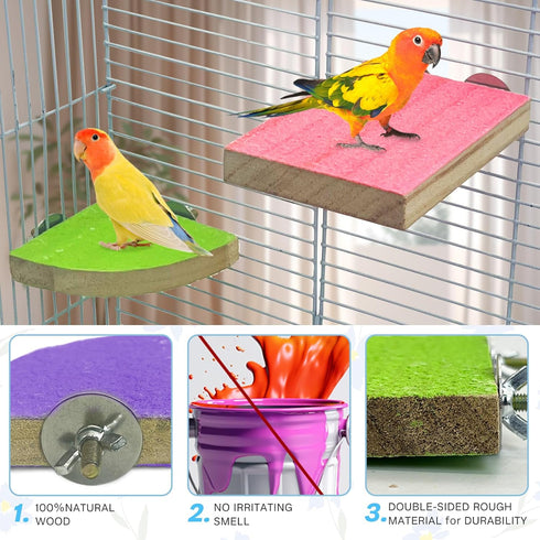 kathson Bird Perch Platform - Sanded Stand Wooden Corner Shelf for Parrots, Conures, Budgies, Cockatiels