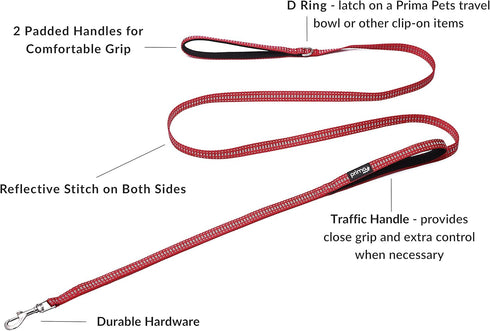 Reflective 6 Feet Nylon Dog Leash with Padded Double Handles, 2 Heavy Duty Dual Neoprene Handles for Control Safety Training Durable Traffic Handle, for X Small to Small Dog (Small - 5/8" Width, RED)