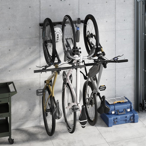 monTEK Enhanced Bike Storage Rack, Adjustable 3-Bike and 2-Helmet Hangers for Indoor Storage
