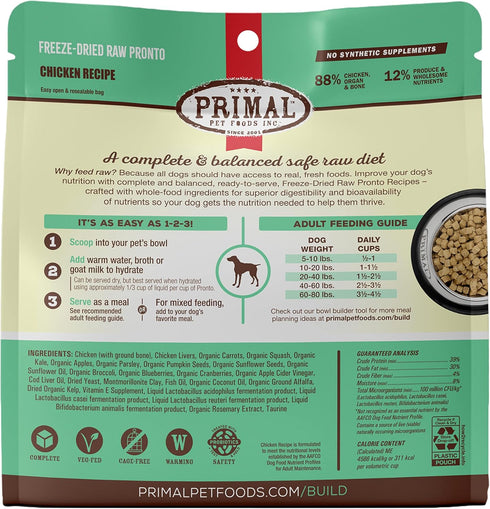 Primal Freeze Dried Dog Food Pronto, Chicken, 16 oz, Complete & Balanced Meal, Premium Raw Dog Food