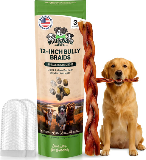 12 Odor Free Braided Bully Sticks for Dogs - 3 Count -