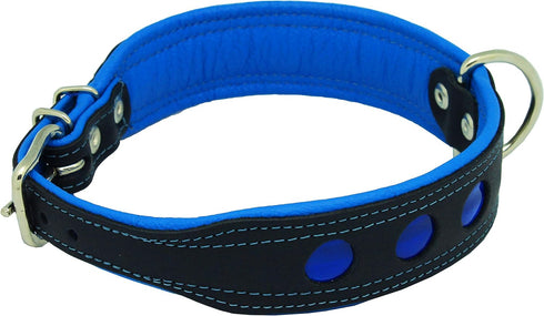 Dogs My Love Real Leather Soft Padded Reflective Dog Collar (18.25"-20.75" Neck; 1.75" Wide, Black/Blue)