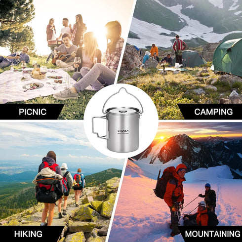 LIXADA Camping Cup Pot - 750ml Stainless Steel Water Cup with Foldable Handles and Lid for Outdoor Use