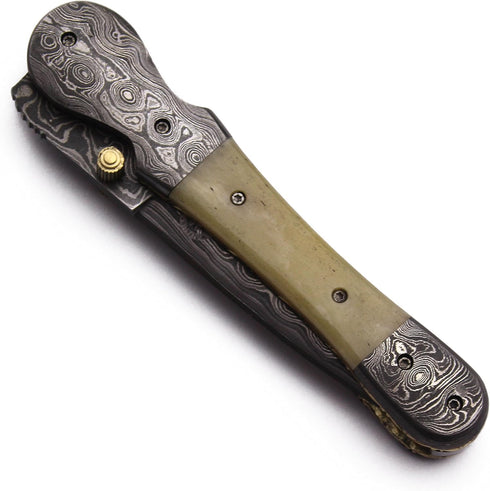 Handmade Damascus Steel Folding Tactical Knife for EDC, Hunting, Survival, Camping, Full Tang Camel Bone Handle