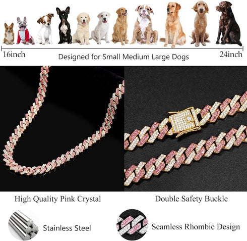 Gold Dog Chain Collar - Diamond Cuban Walking Metal Chain Collar with Secure Buckle for Medium Large Dogs (18inch,