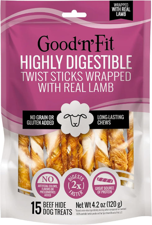 Good 'n' Fit Twist Sticks, Made with Real Lamb, 15 Count, Long-Lasting Rawhide Chews for Dogs