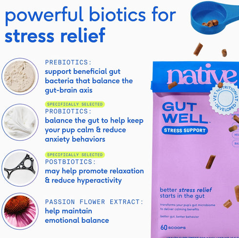 Wellbeing, 60 Native Pet GutWell Stress Support - Dog Anxiety Relief & Calming Supplement - Promotes Emotional