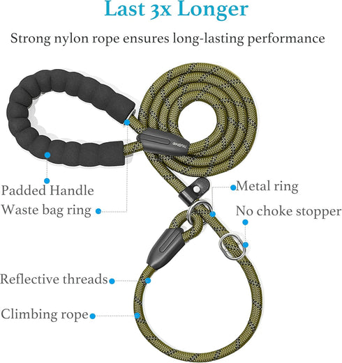 iYoShop Durable Slip Lead Dog Leash - Padded Handle and Highly Reflective Threads, No Pull Dog Training Leash