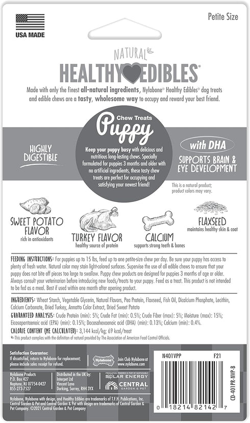 Nylabone Healthy Edibles Natural Puppy Chews, Long Lasting Turkey & Sweet Potato Flavor, X-Small/Petite (4 Count)