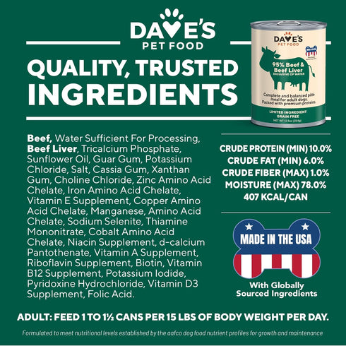 (95% 12.5 oz (12 Pack) Dave's Pet Food Grain Free Wet Dog Food Beef & Beef Liver), Made in USA Single-Source Protein