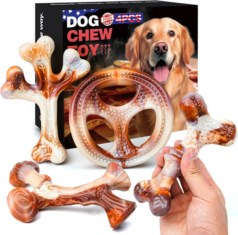 4 Pack Indestructible Dog Chew Toys for Aggressive Chewers - Durable Nylon Bacon Flavor Bones for Medium Small Breed