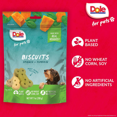 7 Oz 6 Pack Dole for Pets Dog Biscuits Assorted Spinach + Pumpkin Mix, Real Vegetable Flavor Vegan Crunchy Treats, No