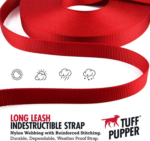 Tuff Pupper Heavy Duty Long Dog Leash, 50 Foot, Buckle Handle, High Visibility Nylon Webbing for Dog Recall Training