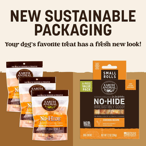 6 Count Earth Animal No Hide Chews - Long Lasting Rawhide Free Small Dog Chews Rolls, Chicken