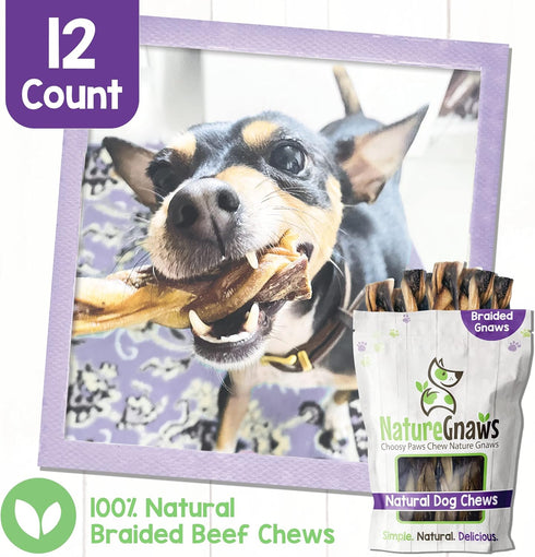 Nature Gnaws Braided Gnaws for Dogs - 5-6" (10 Count), Long Lasting Natural Beef Bully Stick Combo