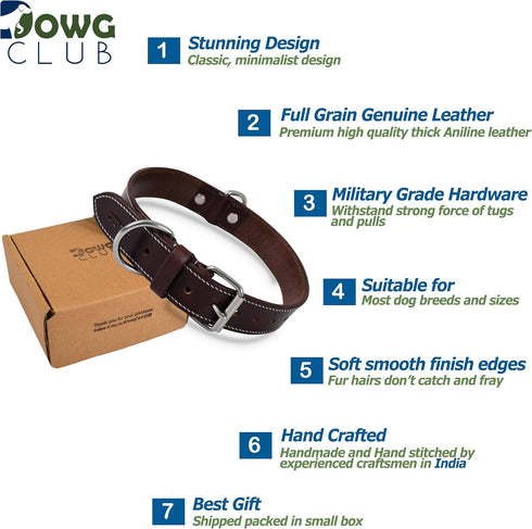 Genuine Leather Dog Collar, Made from Full Grain Hides, Heavy Duty, Adjustable, Ultra Soft, Supple, Comfortable, with Double D Rings (L (18”-22”), Rich Black)