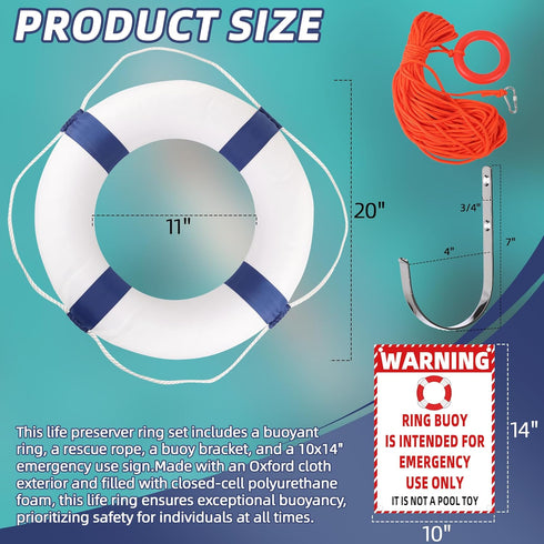 Calvana 20" 98.4ft Swimming Foam Life Preserver Ring with Floating Lifesaving Rope, Throwable Flotation Device, Pool
