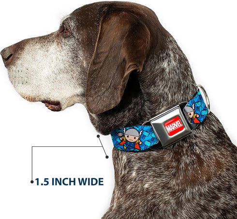 Dog Collar Seatbelt Buckle - Kawaii Thor Poses Hammer Monogram Blues, 15 to 26 Inches, 1.0 Inch Wide