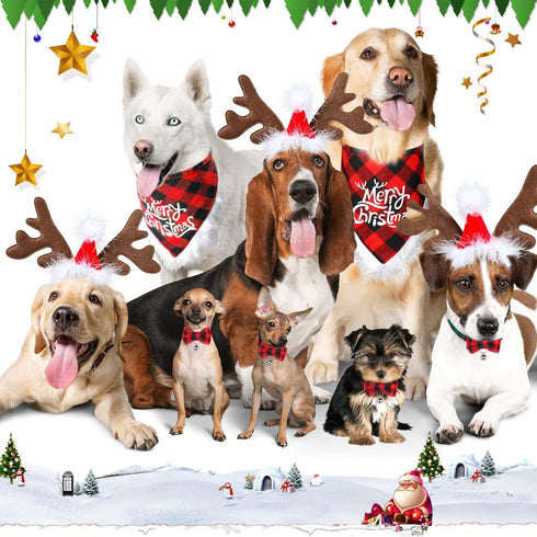 6 PCs Dog Christmas Costume Elk Reindeer Antler Headband Buffalo Plaid Bandana Bow Tie Triangle Pet Scarf Outfit Bib