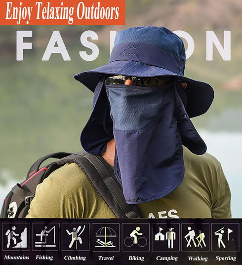 Sun Hat for Men and Women, Summer UV Protection Wide Brim Fishing Hat with Face Cover & Neck for Hiking