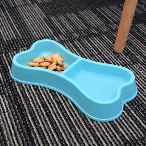 EORTA 3 Pcs Dog Double Bowls - Bone Shaped Feeder, Pet Plastic Bowl for Water & Food, Smooth Surface, Random Color