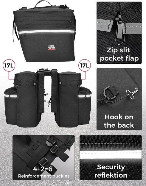 KEMIMOTO Bike Bag Panniers for Bicycle Rear Rack, 34L Capacity Water Resistant Storage Saddle Bag, Black