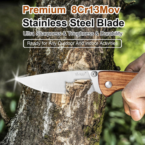 Folding Pocket Knife with Liner Lock, 8Cr13MoV 3.74" Stainless Steel Blade, Brown Wood Handle for Outdoor Camping