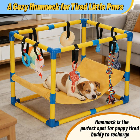 Bullro 8 Hammock Puppy Play Gym with Hanging Toys, Dog Jungle Gym Indoor with and Funny Enrichment Toys, PVC Frame