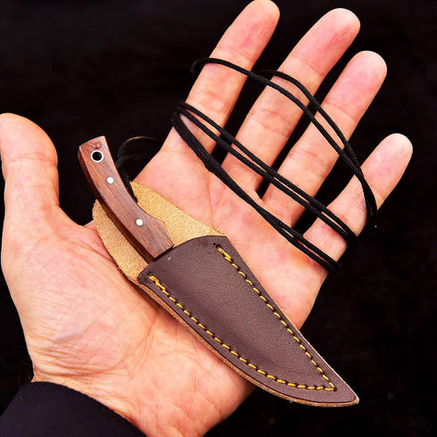 Neck Knife with Sheath, Damascus Hunting Knife, Mini Outdoor Survival Fixed Blade Knife, EDC 5 Inches with Wood Handle
