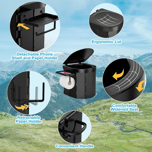 PAHTTO Portable Foldable Toilet for Adults with Detachable Phone Shelf and Paper Holder, Waterproof Porta Potty