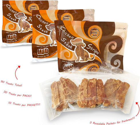 90 Count (3 Pack) Rena's Recipe Chicken Steak Strips Dog Treats Rawhide Free High Protein Training Treats