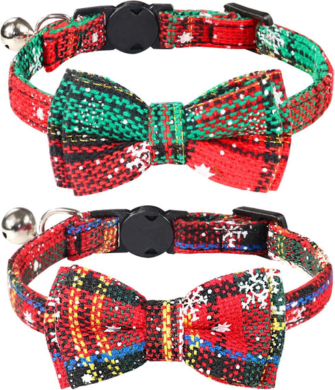 Joytale Upgraded Christmas Cat Collar with Bells, Breakaway Bow Tie, 2 Pack Safety Plaid Kitten Collars