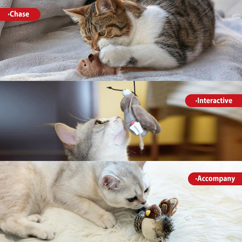 Gigwi Interactive Toy Set for Indoor Cats - 3PCS Plush Pack with Squeaky Feather, Mouse Hunt, Chase Bird, and Chirping