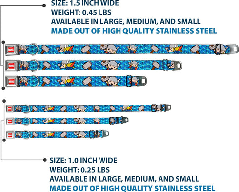 Dog Collar Seatbelt Buckle - Kawaii Thor Poses Hammer Monogram Blues, 15 to 26 Inches, 1.0 Inch Wide