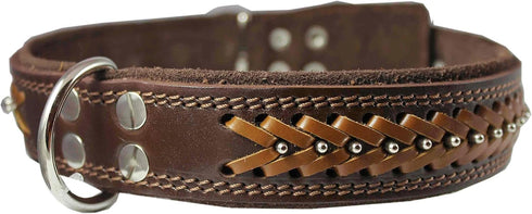 Genuine Leather Braided Studded Dog Collar, Brown, 1.6" Wide, Fits 19"-24" Neck