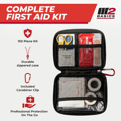 M2 150 BASICS Compact First Aid Kit, Pieces, Portable Emergency Kit with Carry Bag and Carabiner for Travel, Car