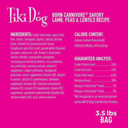 Tiki Dog Born Carnivore for Dogs, Savory Lamb, Peas & Lentils Recipe, Grain Free, 3.5 lbs. Bag