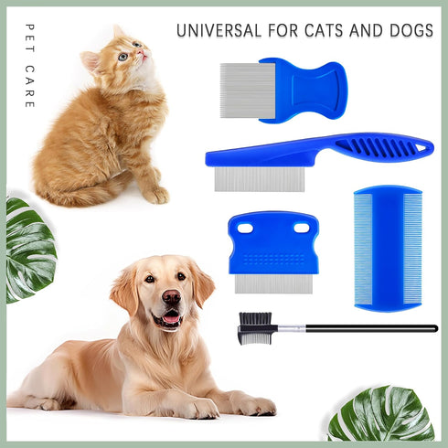 5 Pack Flea Lice Comb - Stainless Steel Dog & Cat Grooming Combs with Rounded Teeth, Dematting Comb for Pets