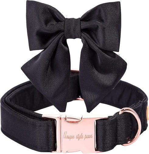 Unique Style Paws Silk Black Color Dog Collar, Adjustable Durable Collar with Bow for X-Large Dogs