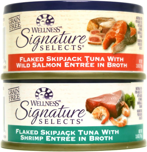 Wellness Natural Grain Free Signature Selects Flaked Wet Cat Food Variety Pack Box, 2 Flavors (Wild Salmon & Shrimp),