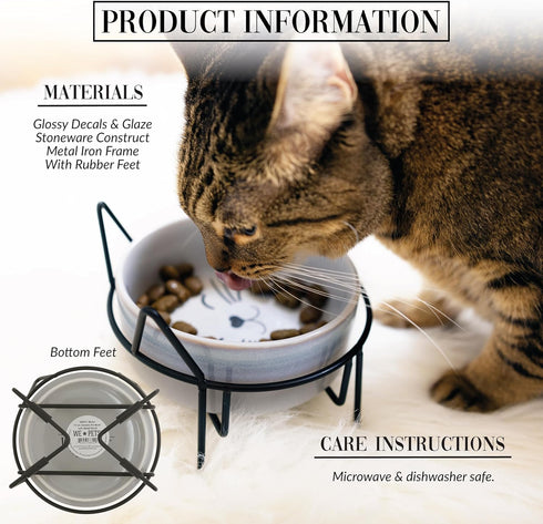 Pavilion Meow Kitty Cat Ceramic Dish Bowl, 13 oz Food Water Meal Time Stoneware with Metal Iron Stand, Pet Accessories
